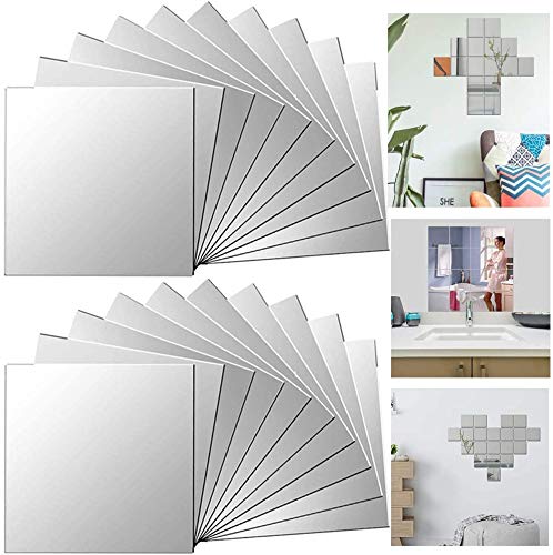 Pegatina espejo 24 Unidades Espejo Adhesivo 15x15cm para Cuarto de Baño Dormitorio Papel Tapiz Pegar Mosaico Espejo