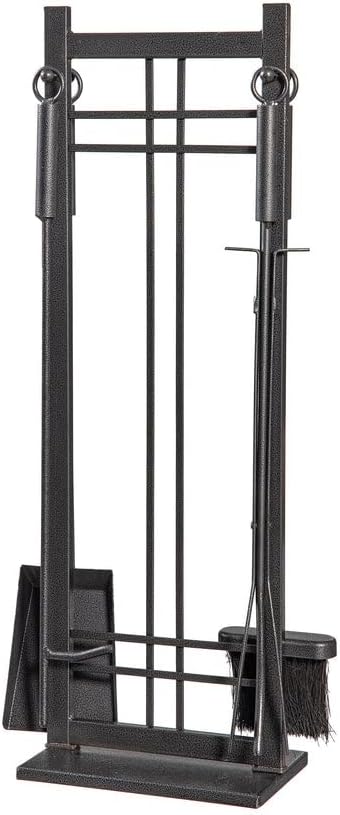 Plow & Hearth 5 Piece Hand Forged Iron Fireplace Tool Set 30" | Black Wrought Iron Handle for Outdoor Indoor | Stand Poker Shovel Brush Log Tongs Wood Stove Accessory