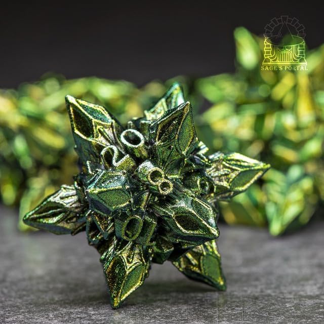 Sage's Portal Deadly Blossoms Metal DND Dice 7 Piece Polyhedral Dice Set for DND TTRPG Dungeons and Dragons Pathfinder Oversized Designer Ornamental Dice (Green)