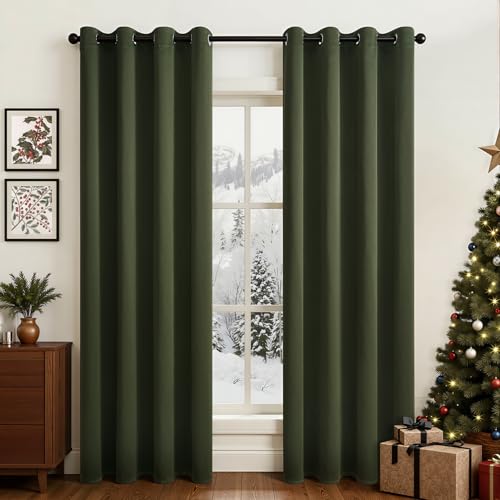 Topfinel Cortinas Opacas con Ojales 140An x175Al cm Cortinas Baño Termicas Aislantes Frio y Calor 2 Piezas Cortinas Salon Térmicas y Resistentes al Frío para Dormitorio Blackout Curtains Verde Oliva