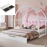 Tcewhhy (Mit Matratze) Erweiterbares Gewölbtes Dachbett, Schiebebett, Kinderbett, Tagesbett, Doppelbett, Samtkissen, Rahmen aus Kiefernholz, Weiß+Rosa (140x100cm&140x200cm)