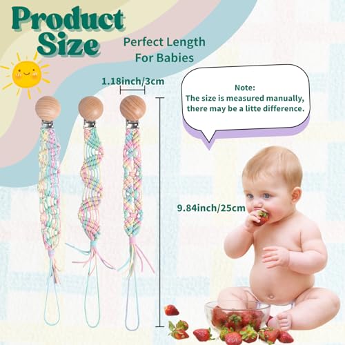 Image of Boho Pacifier Clip for Boys Girls Pacifier Holder Leash Wooden Clips Handmade Braided Cotton Unisex Baby Shower Birthday Gift Christmas Gift (Rainbow - Pattern 5)