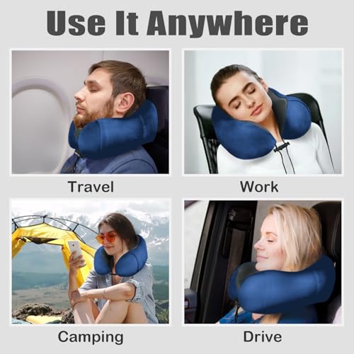 Image of Travel Pillow, Memory Foam Neck Pillow for Traveling, U Shape Neck Pillow Airplane Portable Flight Pillow Travel Kit with 3D Contoured Eye Masks and Earplugs for Plane Train Car Home Office - Blue