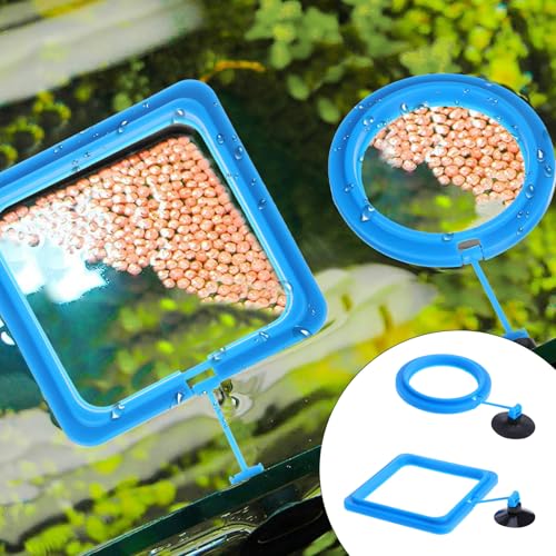 Image of 2 Pcs Fish Feeding Ring, Aquarium Feeding Ring Turtle Tank Accessories Automatic Square and Round Floating Food Feeder with Suction Cup for Betta Guppy Goldfish (Blue)