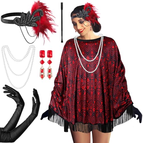 Floraltop 6 Pcs 1920s Flapper Costume Accessories Set for Women Vintage Fringed Poncho Flapper Shawl Outfits(Classic)