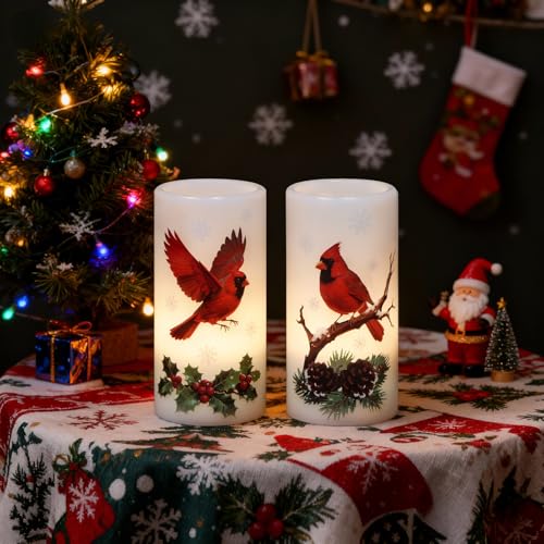 Image of Eldnacele Christmas Cardinal Flameless Candles Battery Operated with Remote and Timer Real Wax Flickering LED Pillar Candles Winter Holiday Indoor Decor(2 Pack, 3 inch D x 6 inch H)