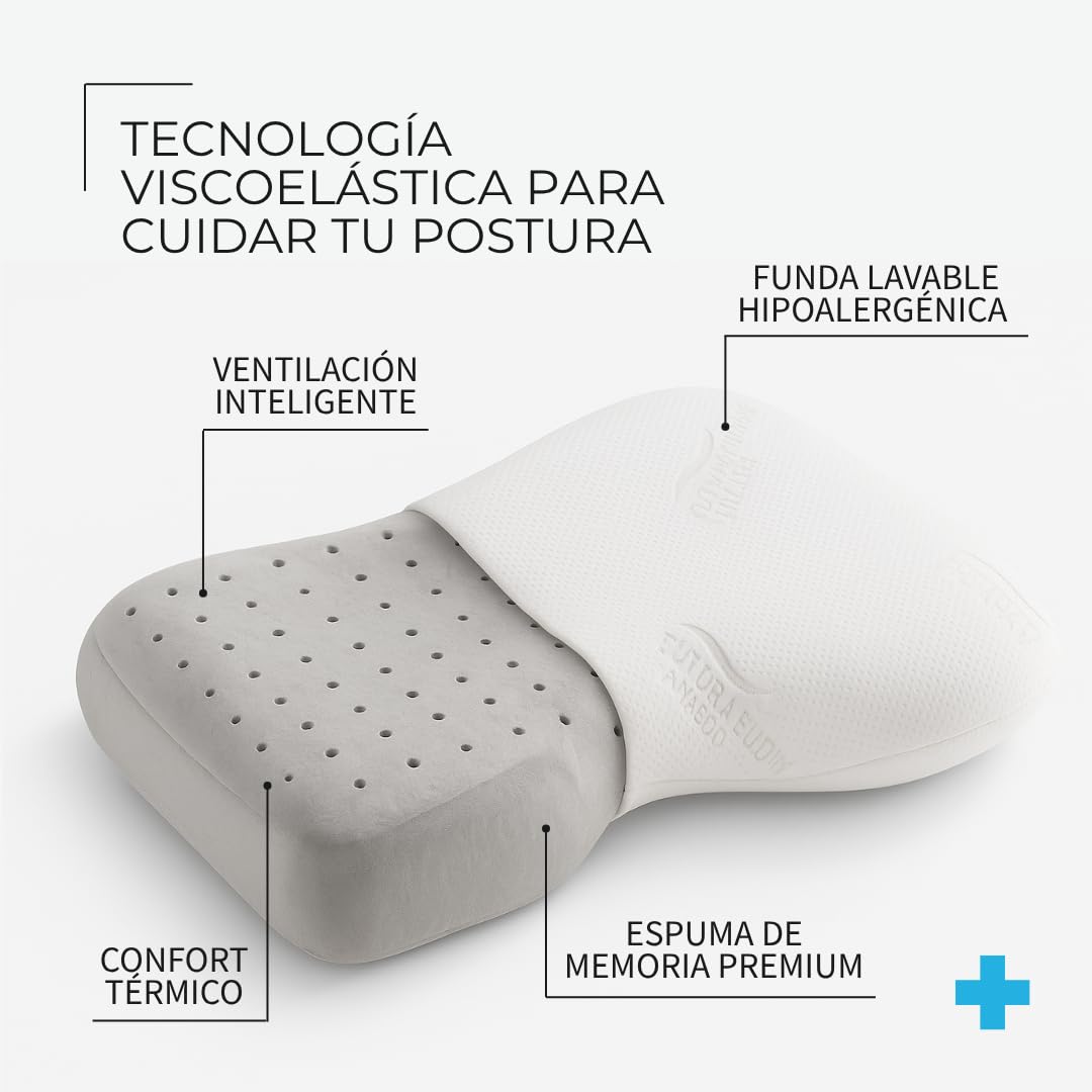 Almohada Arco Cervical Viscoelástica Antidolores con Núcleo de Carbono, Funda de Bambú, 57x39x12 cm