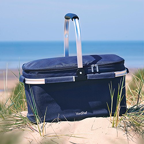 VonShef Cooler Bag Large 30L Navy Insulated Foldable, Collapsible Picnic Lunch Keep Cool Outdoor Travel Cooler