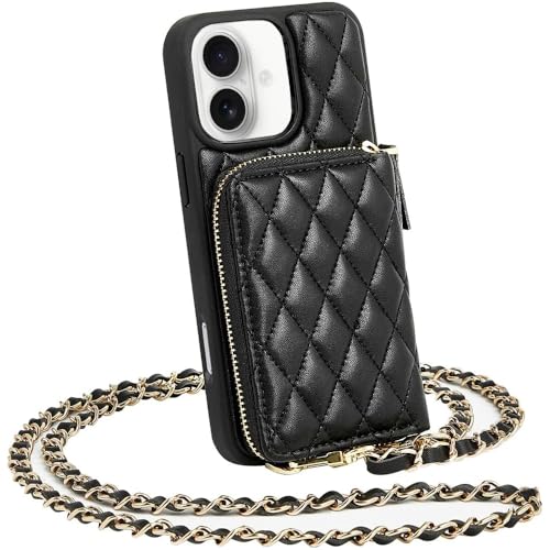 LAMEEKU Compatible with iPhone 16 Wallet Case with Card Holder, Quilted Leather Crossbody Zipper Case for Women for iPhone 16 6.1'' Black