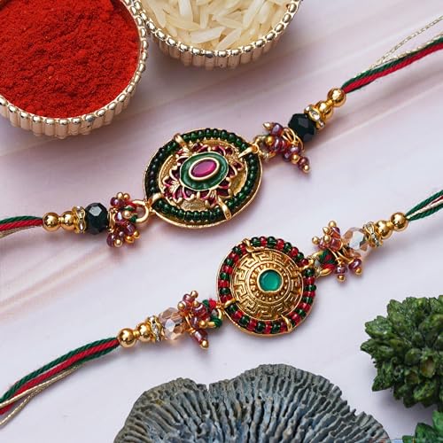 Image of eCraftIndia Set of 2 Lord Ganesha and Om Religious Rakhi for Brother Bhaiya Bhai | Roli Chawal Pack