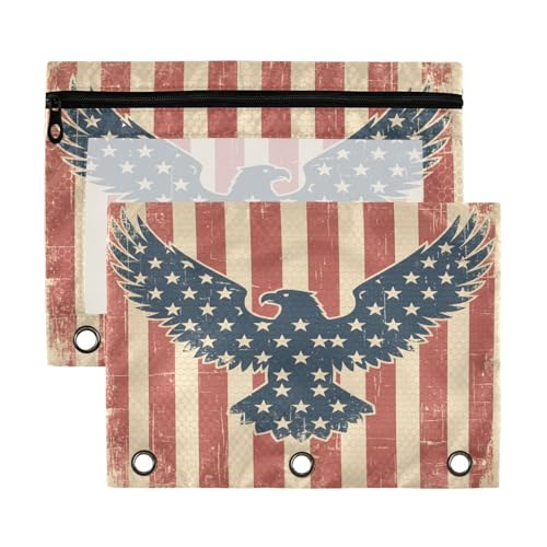 Blueangle Vintage Bald Eagle Pencil Pouch for 3 Ring Binder, 2 Pack Clear Window Zipper Pencil Bags for Office
