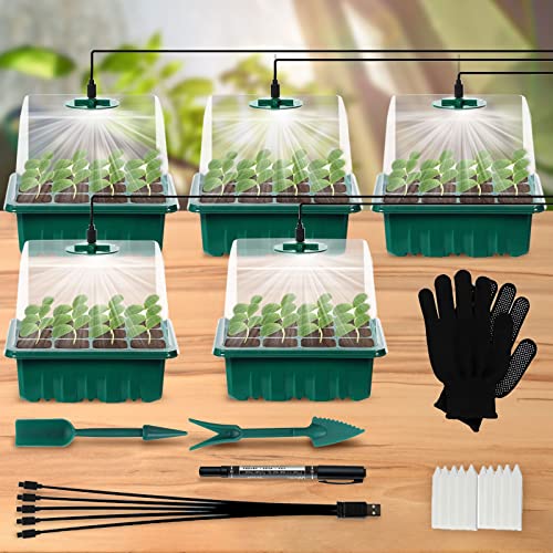 5 Pack Seed Starter Trays With Grow Light, Seedling Starter Growing Starting Kit With Humidity Domes, Covers Height 3.9", Greenhouse Indoor Gardening Plant Germination Trays (12 Cells Per Tray) #TOP1