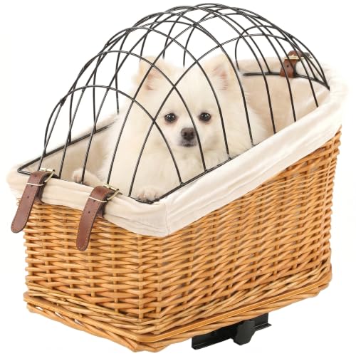 PawHut Hundefahrradkorb für Gepäckträger, Handgeflochtener mit Weichem Kissen Hundefahrradkorb Fahrrad Lenkerkorb für Hunde & Katzen, Hellbraun
