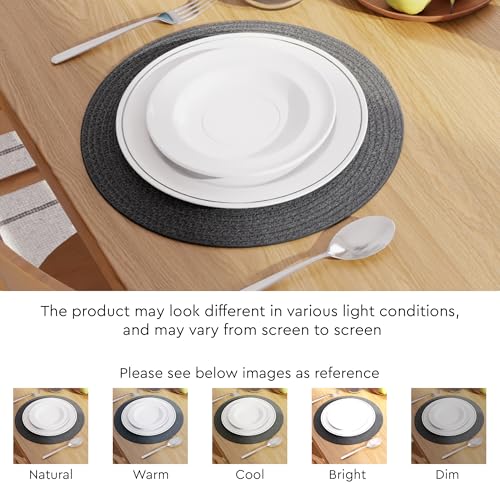 Image of Dining Table Mats Set of 4 | Cotton Table Mat 32 cm Diameter, Encasa XO Washable Round Table Mats, Heat Resistance Dining Table Placemats, Handmade Ribbed Style for Centre Table, Dark Grey
