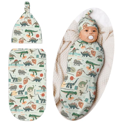 Image of Qwalnely Swaddle Blanket for Baby, Swaddling Sleeping Sacks, Unisex Baby Stuff with Hat, Dinosaur