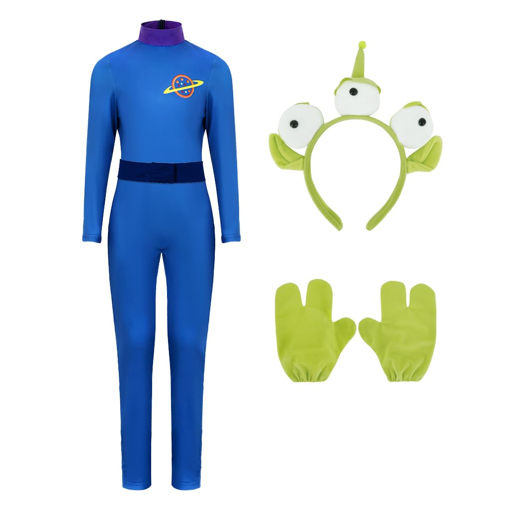 AYYOHON Alien Costume Men Three-eyed Alien Monster Toy Cosplay Jumpsuit Adult Halloween Blue Bodysuit Headband Gloves Set XS