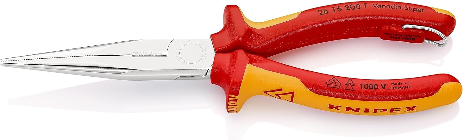 KNIPEX Alicate de montaje (alicate de boca cigüeña) cromado Aislado con fundas multicomponente, homologado por VDE; con anilla de, 26 16 200 T