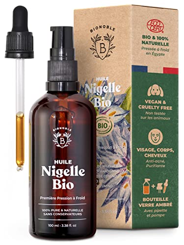 Bionoble Huile de Nigelle Bio Pure 100ml - Flacon Verre, Pompe + Pipette - Huile de Nigelle Cheveux, Visage + Corps - Huile de Nigelle Pression à Froid - Graine de Nigelle ou Cumin Noir d’Égypte