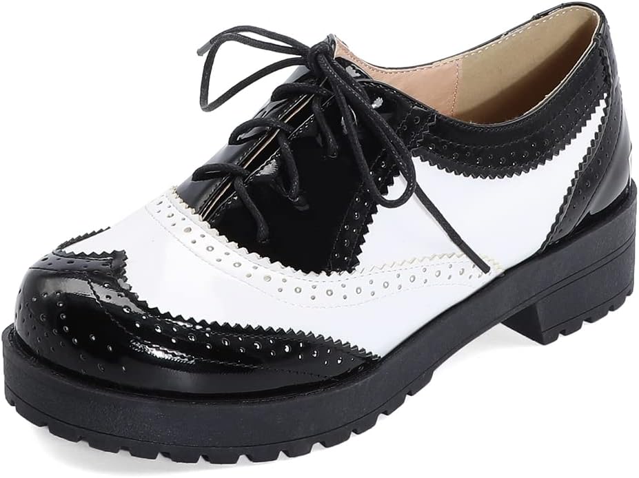 Women's Two Tone Flat Oxfords Shoes Lace Up Wingtip Perforated Low Heel Vintage Saddle Oxford Brogues