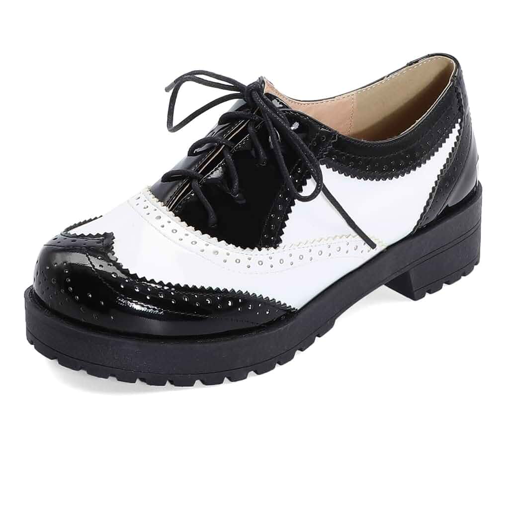 JOEUSTY Women's Two Tone Flat Oxfords Shoes Lace Up Wingtip Perforated Low Heel Vintage Saddle Oxford Brogues