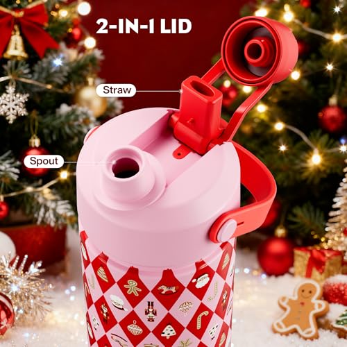 Image of 26 oz Christmas Insulated Water Bottle with 2-in-1 Straw and Spout Lid, Keep Cold 24H, Leak-Proof, Fits in Car Cup Holder, Stainless Steel Water Bottle for Gift, Trip, Home (Candy Cane Wishes)