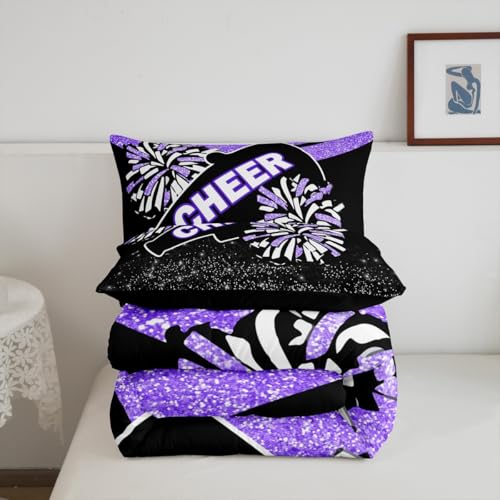 Image of Feelyou Purple Glitter Cheer Comforter Set Dreamy Girly Gymnastic Sports Comforter for Kids Boys Girls Gymnastics Lovers Bedding Set Cheer Sports Glitter Duvet Set Room Decor Quilt Queen Size Boys