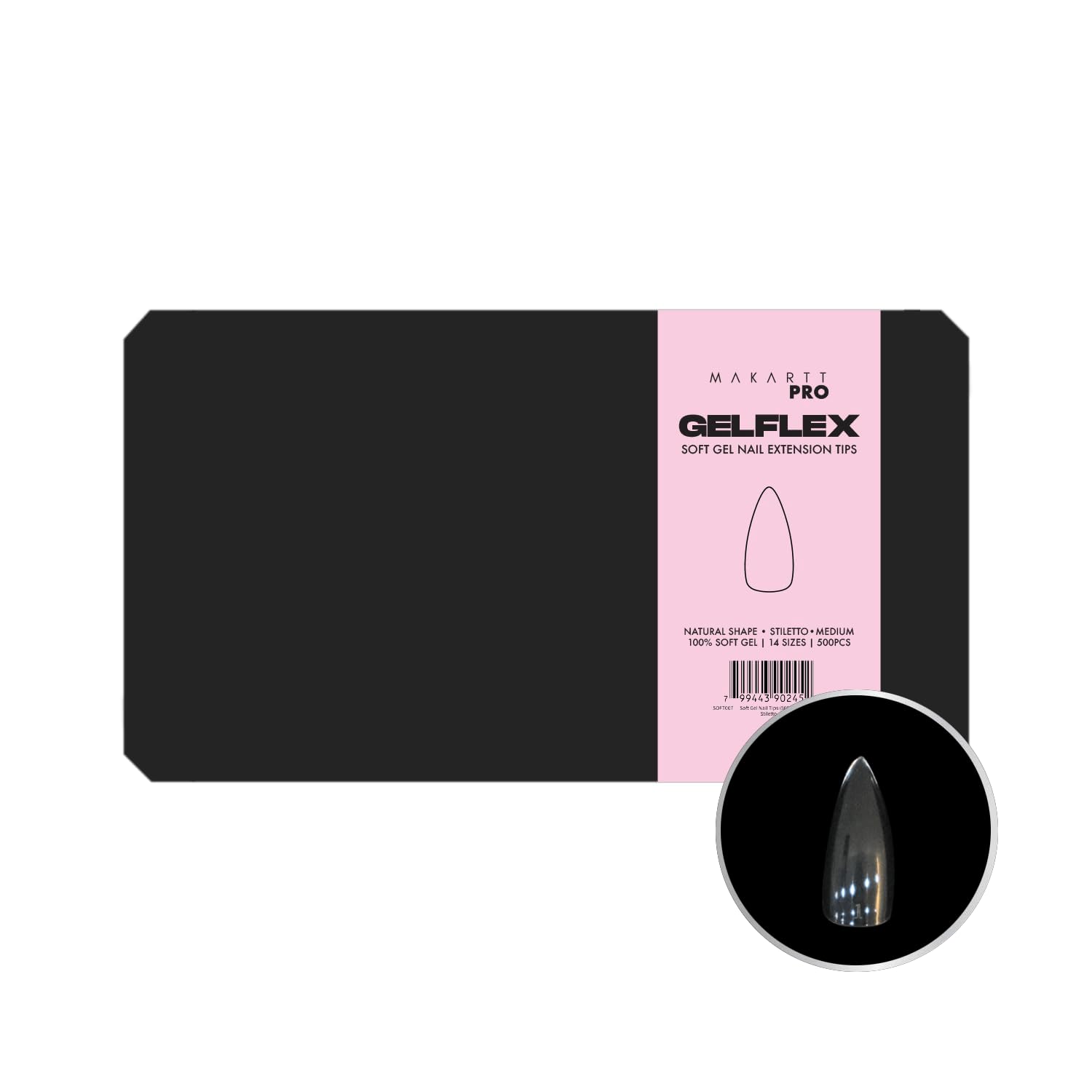 MakarttPro GelFlex Soft Gel Tips 500pc Box – Medium Stiletto Shape – 14 Sizes 00–9 – Clear Soft Gel Extensions – Easy to Apply, Lightweight,