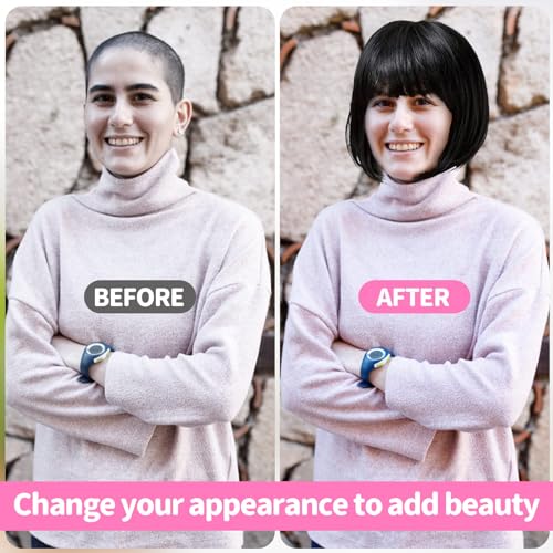 letcdfer Black Bob Wig with Bangs Short Human Hair New Natural Straight Wigs Flat Heat Resistant Synthetic 100% Density Color for Daily Party Cosplay 1 count - Image 2
