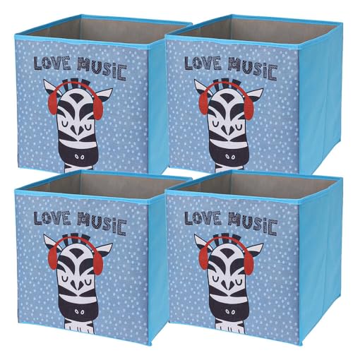 Murago - 4er Set Faltboxen ca. 30x30x30 cm Zebra - Aufbewahrungsboxen faltbar Körbe mit Motiv Hellblau Spielzeug Kiste Boxen Stoff Würfel Regalkorb Klappbox für Kinderzimmer