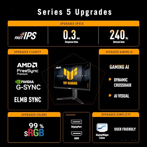 Image of ASUS TUF Gaming Series 5 23.8 inch 1080P Monitor (VG249QML5A) - Fast-IPS, 240Hz, 0.3ms, G-SYNC Compatible, FreeSync Premium, 99% sRGB, Height Adjustable, DisplayWidget, Gaming AI, 3 yr Warranty