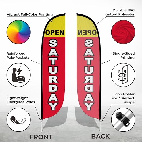 Image of LookOurWay Feather Flag Pole Kit - 12 Feet Tall Advertising Flag Banner with Fiberglass Pole Kit and Ground Spike for Business Promotion - Grand Opening Flags - Open Saturday (10M1200274)