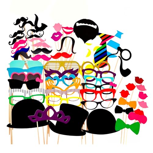 Accessoires photobooth 58 pièces pour fête, Accessoire Photo avec Moustaches Lunettes lèvres Chapeaux Cravates colorés, kit Selfie Mariage Anniversaire...