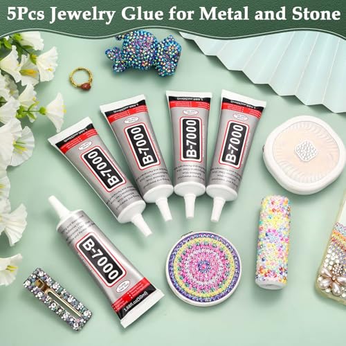 Image of B7000 Glue Clear with Precision Tip for Rhinestones, 5Pcs 50mL /1.68 fl oz | Strong Adhesive Jewelry Bead Gem Glue, Quick Dry Bedazzling Glue for Jewelry Making Repair Fabric Clothes Shoes DIY Crafts