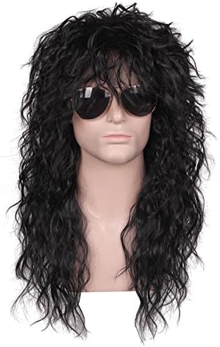 Mens 80S Long Curly Black Rocker Costume Wig