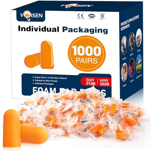 VOISEN Ear Plug 1000 Pairs Ear Plugs for Sleeping 32dB NRR 37dB SNR Ear Plugs Noise Cancelling for Snoring Studying Loud Events Traveling & Concerts Individual Package