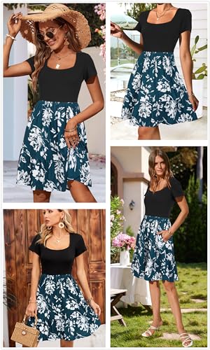 Image of Newshows Women's 2026 Summer Casual Square Neck Ruffle A Line Beach Vacation Sundress Work Business Dress with Pockets