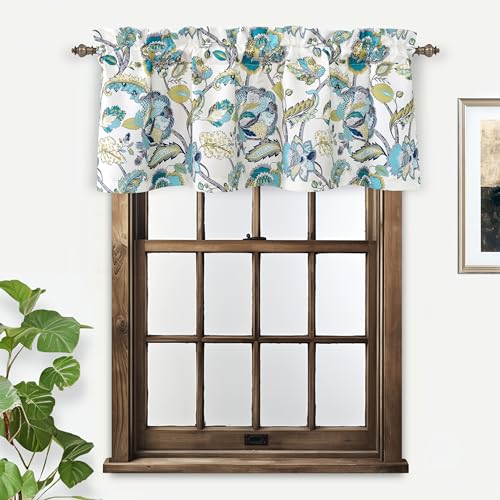 DriftAway Layla Classic America Style Floral Leaves Room Darkening Window Curtain Valance Rod Pocket Single 52 Inch by 18 Inch Plus 2 Inch Header Ivory Teal Gray