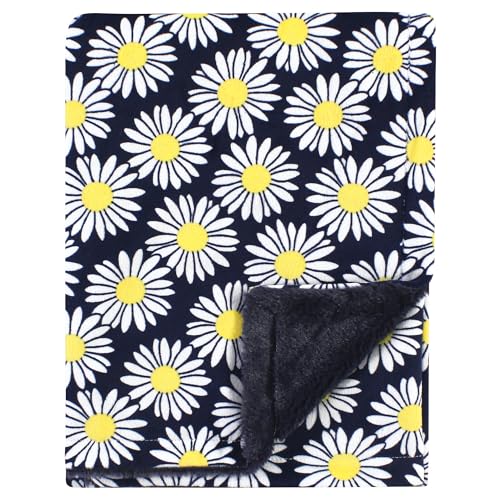 Image of Hudson Baby Unisex Baby Plush Blanket with Furry Binding and Back, Navy Daisy, One Size