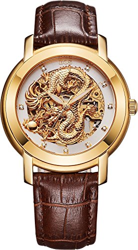 BOS Men's Luxury Watch Rose Gold Case Skeleton Carved Dragon Dial Calfskin Band 9007G