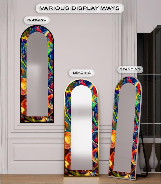 Specchio da terra con motivo astratto arcobaleno a vortice, lunghezza completa, 50,8 cm x 160 cm (larghezza x altezza), con cornice nera e cornice argentata