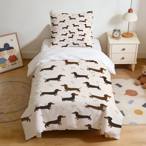 DJDEA Dackel Bettwäsche Kinder 135x200 Mädchen Weich Mikrofaser Der süße Dackel Motiv Kinderbettwäsche mit Reißverschluss Bettbezug und 1 Kissenbezug 80X80cm Geschenk für Mädchen
