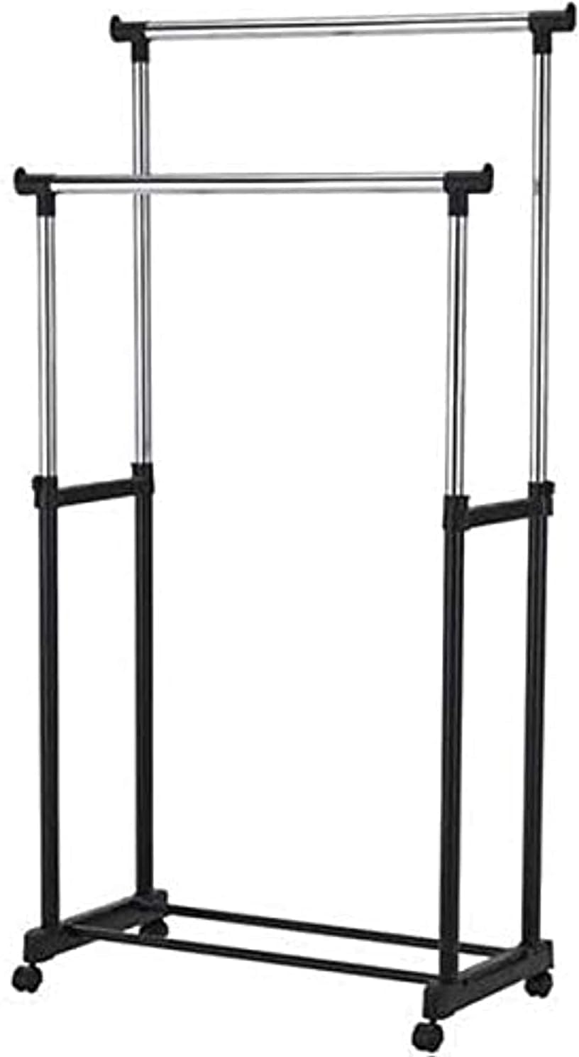 GENERICLarge Double Pole Clothes Hanger- Garment Drying Rack with Rolling wheels- Adjustable Bars Stainless Steel Poles- Silver