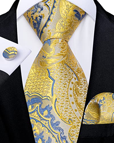 Image of DiBanGu Silk Zipper Ties for Men,Paisley Solid Plaid Pre-tied Tie and Pocket Square Cufflinks Set Formal Adjustable Necktie
