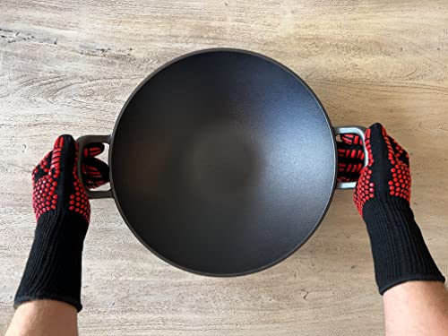 Bergensteiner® Wok aus 100% Gusseisen mit emaillierter Oberfläche | 36 cm ⌀ Groß | Grill, Induktion, Feuer, Gasgrill | Wokpfanne | inkl. Premium Grillhandschuhe