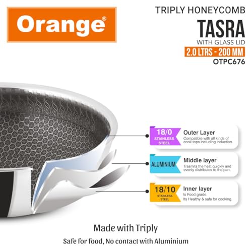 Image of Orange Triply Honeycomb Stainless Steel Tasra Kadai with Glass Lid (2 Litre, 20cm Diameter) | Heavy Bottom, Scratch Resist Non-Stick Tasra /Tasla | Induction Friendly | 5 Year Warranty
