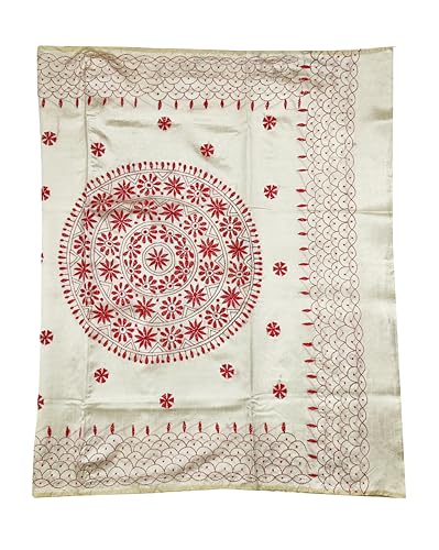 Image of SHRISTI CLOTHINGS Women's Hand Embroidered Cotton Silk Kantha Stitch Saree with Blouse Piece (J420724 OFFWHITED89)