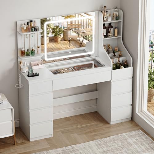 TRIUMPHKEY Tocador de Maquillaje, Gran Escritorio de Tocador con Luz LED, Brillo Ajustable, Mesa de Maquillaje con 9 Cajones y Toma de Corriente, Mueble Moderno Blanco para Dormitorio