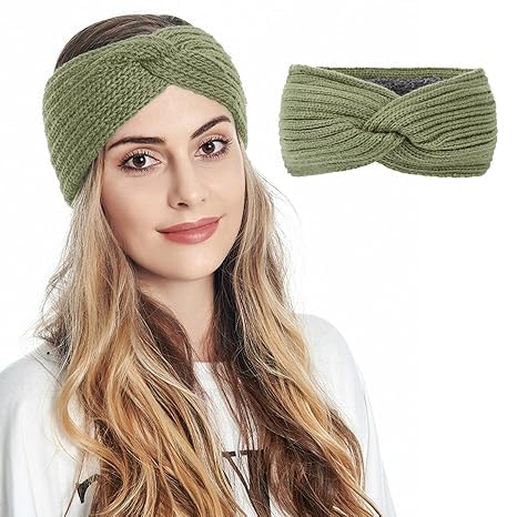 Winter Knit Crochet Turban Headband for Women Warm Bulky Crocheted Headwrap Ear Warmer Winter Accessories (Green)