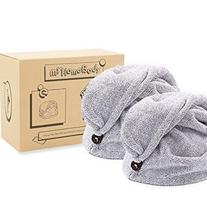myHomeBody Hair Towel Wrap | Luxury Rapid-Dry Hair-Drying Turban | Ultra Soft and Quick Drying Absorbent Charcoal Fiber, with Coconut Shell Button â 2 Pack
