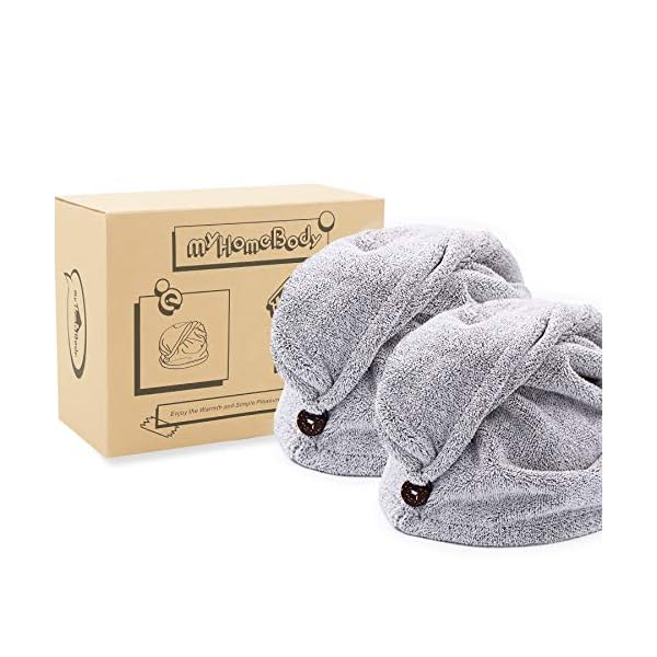 myHomeBody Hair Towel Wrap | Luxury Rapid-Dry Hair-Drying Turban | Ultra Soft and Quick Drying Absorbent Charcoal Fiber, with Coconut Shell Button â 2 Pack